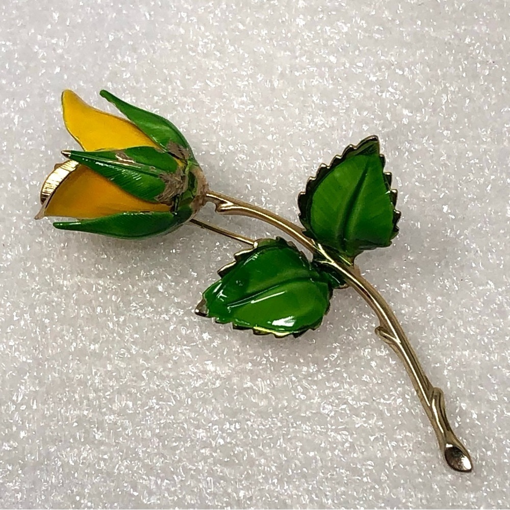Vintage 60's GIOVANNI Brooch Yellow Green & Gold Tone Rose
